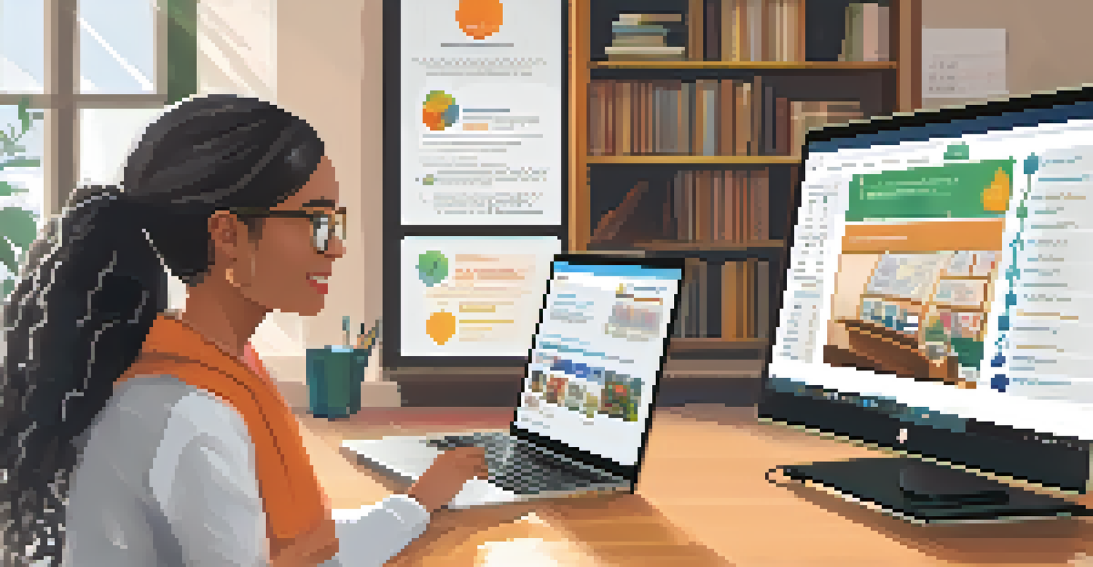 A young woman in glasses happily using a laptop to access an accessible Learning Management System with high contrast text.