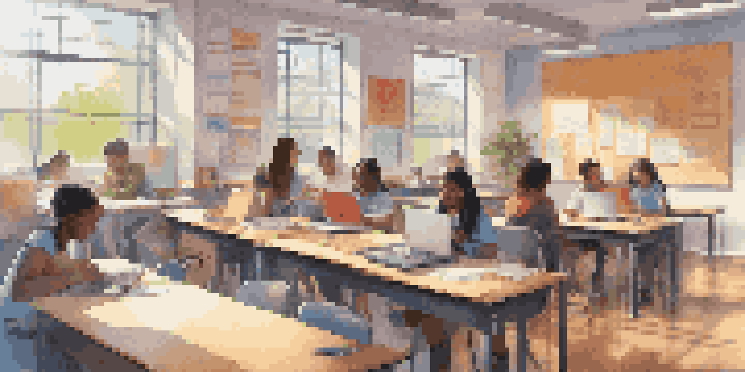 A modern classroom with students engaged in hybrid learning, using both traditional desks and laptops, illuminated by natural light.