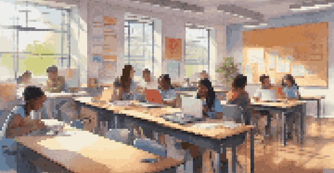 A modern classroom with students engaged in hybrid learning, using both traditional desks and laptops, illuminated by natural light.