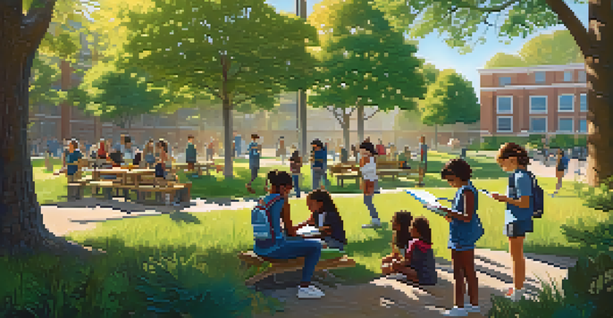 A colorful outdoor classroom where diverse students are participating in a nature scavenger hunt, highlighting collaboration and inclusivity.