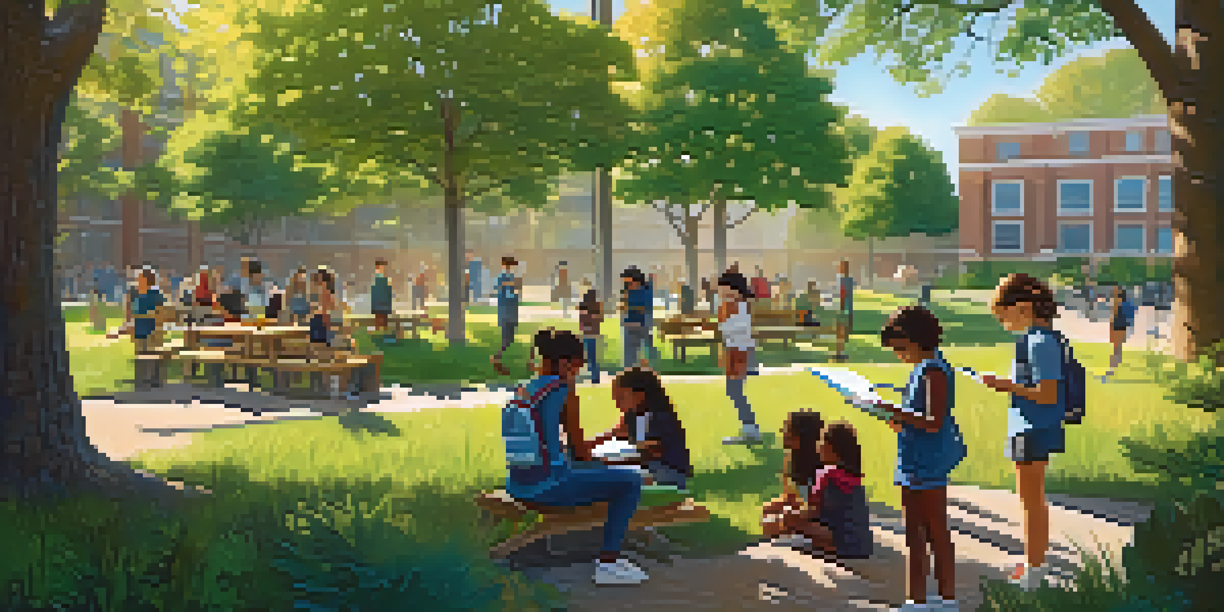 A colorful outdoor classroom where diverse students are participating in a nature scavenger hunt, highlighting collaboration and inclusivity.