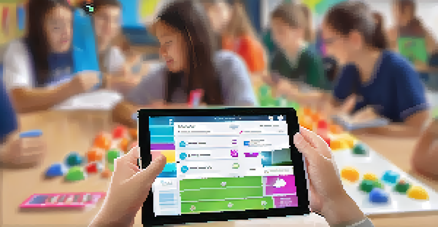A close-up image of a student holding a tablet with a leaderboard, showcasing points and badges in a classroom setting.