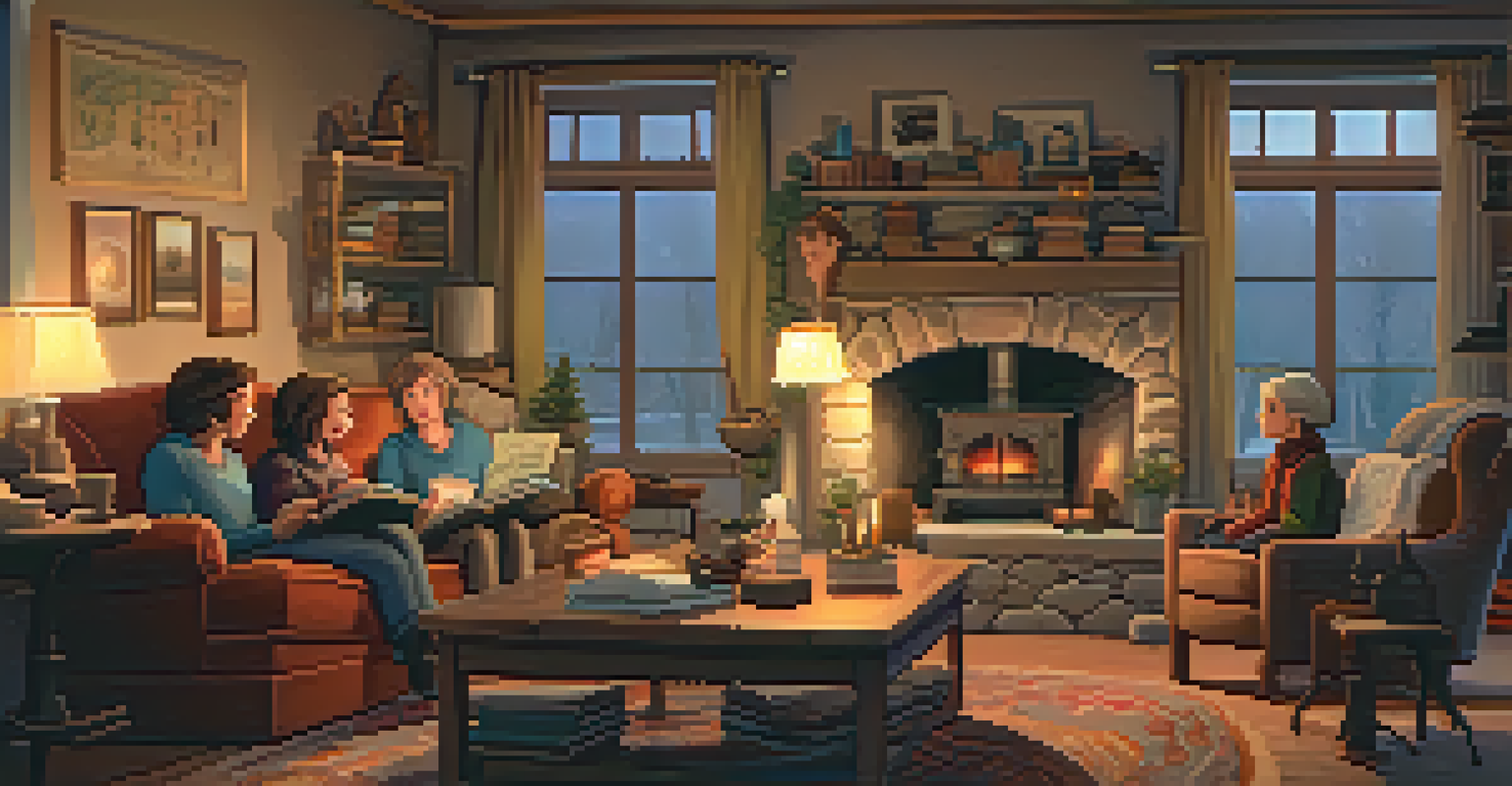A family gathered by a fireplace, sharing stories, with a warm and cozy ambiance.