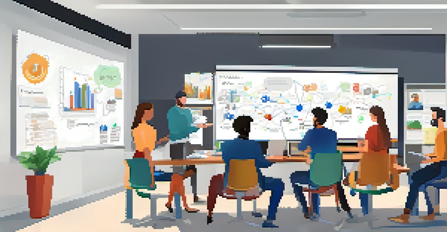 Educators collaborating in a workspace, discussing open-source LMS implementation, with a whiteboard and laptops around them.