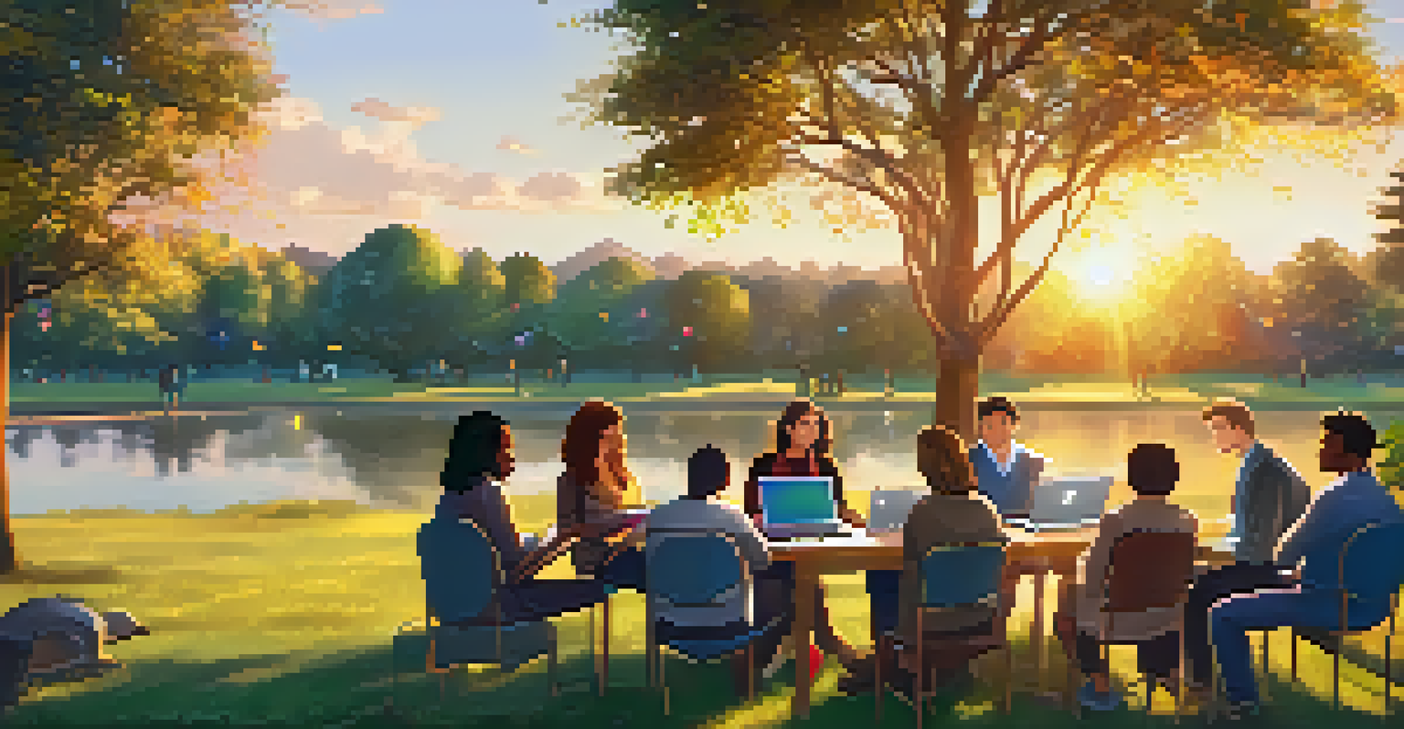 A diverse group of friends collaborating in a park during sunset.