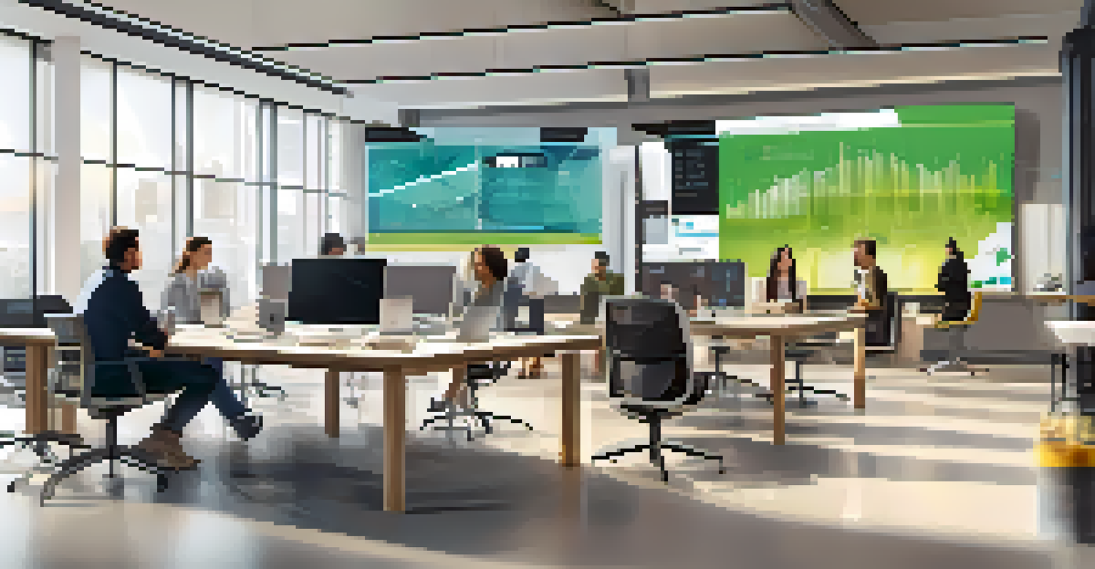 A diverse team collaborating over digital tools in a modern workspace with data analytics on display.