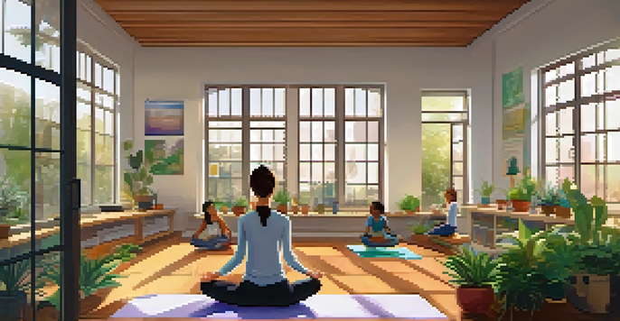 A teacher practicing mindfulness in a bright classroom filled with plants and engaged students.