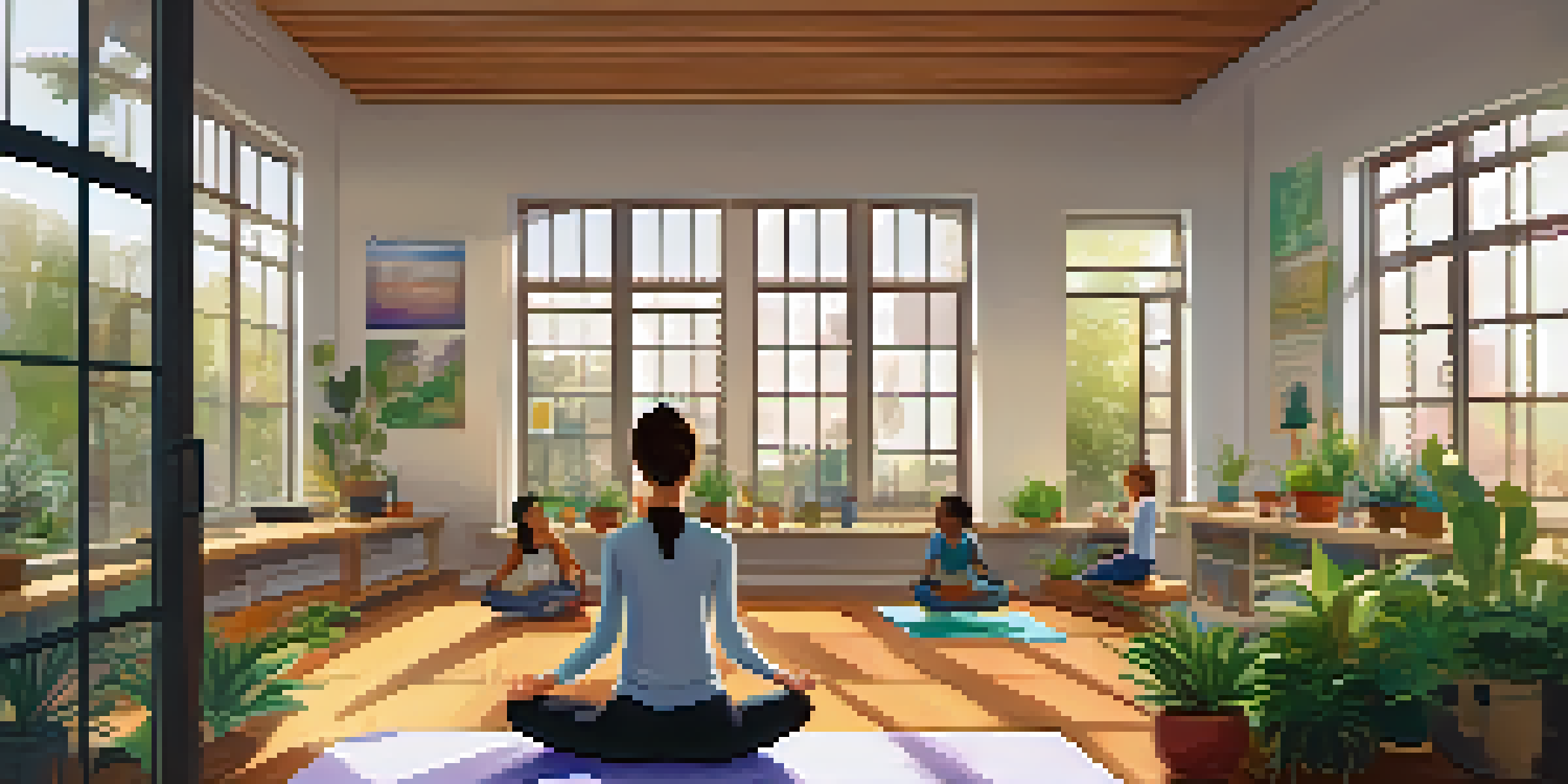 A teacher practicing mindfulness in a bright classroom filled with plants and engaged students.