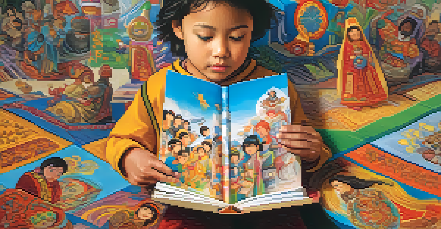 A young child looking at a colorful book with diverse characters, showing curiosity and engagement in reading.
