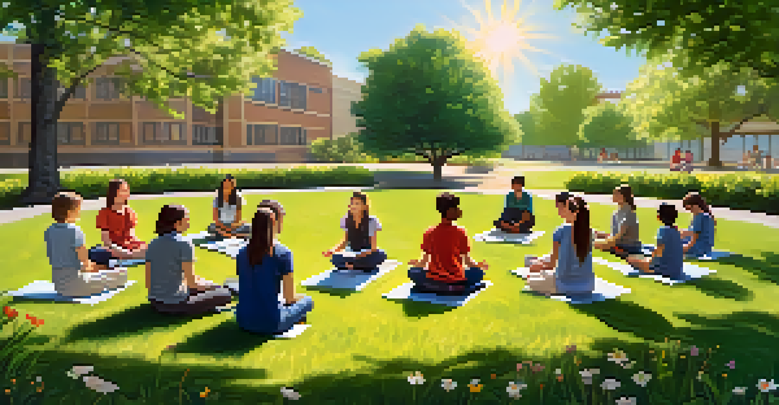 Students practicing mindfulness exercises in a serene outdoor setting, guided by a teacher.