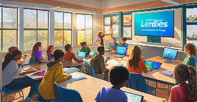 A lively virtual classroom with students participating in discussions, showcasing a collaborative learning atmosphere.