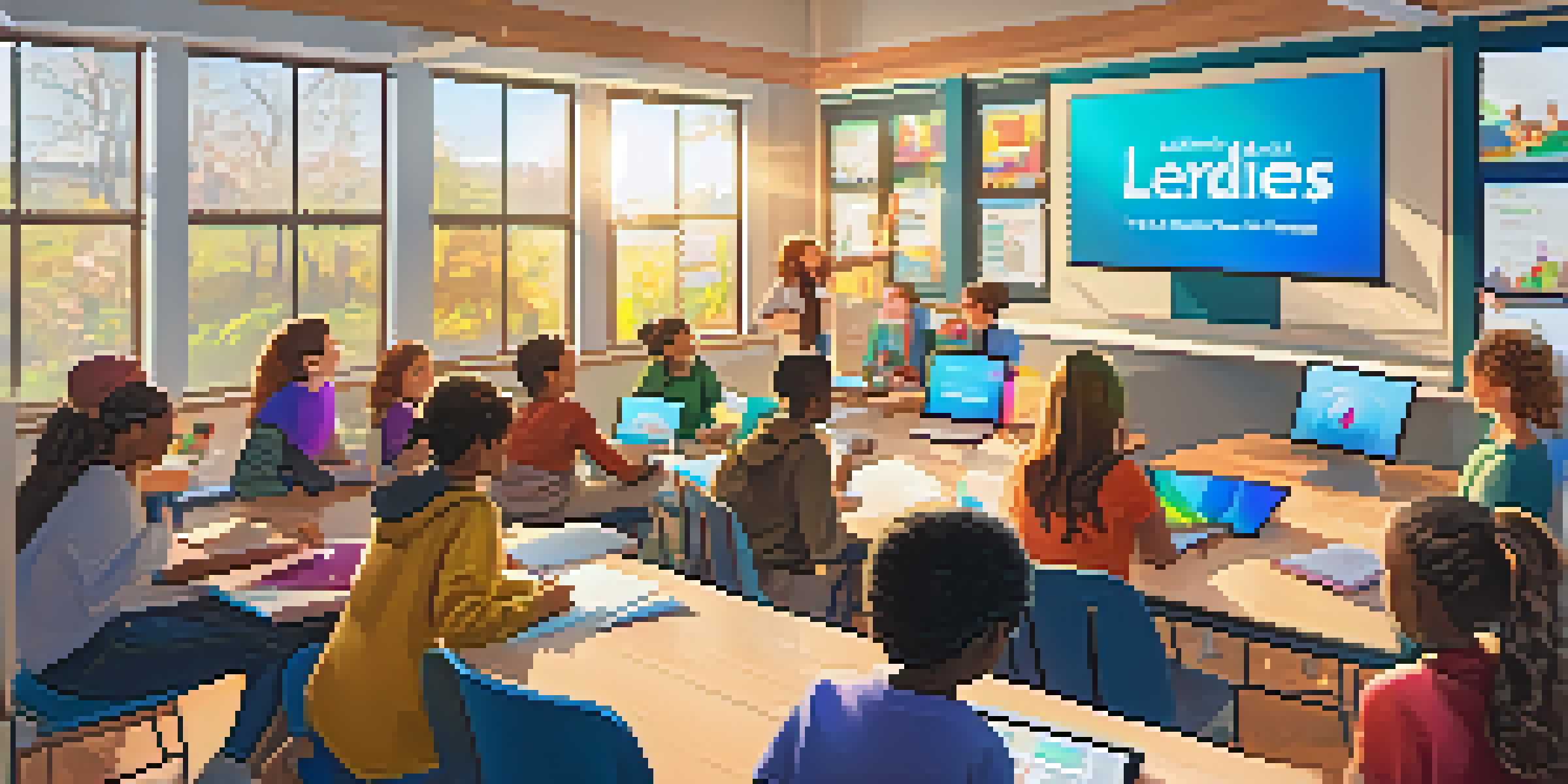 A lively virtual classroom with students participating in discussions, showcasing a collaborative learning atmosphere.