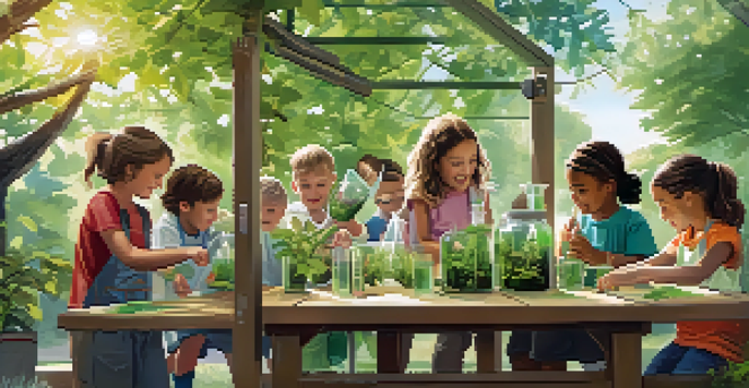 Children working together on a science experiment outside, surrounded by nature.