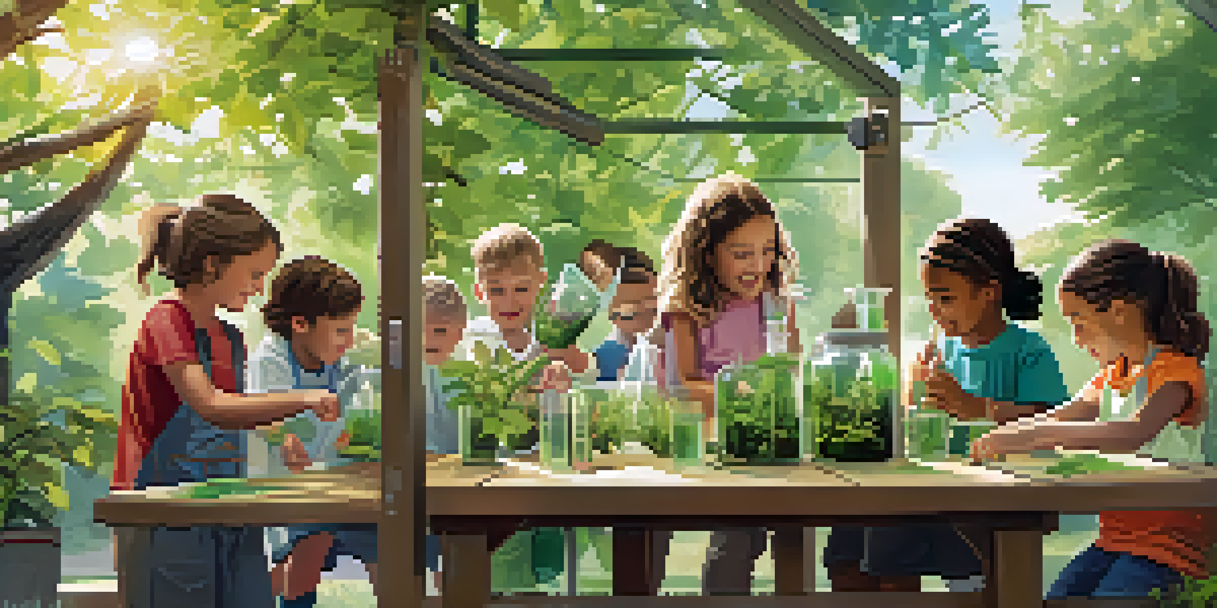 Children working together on a science experiment outside, surrounded by nature.