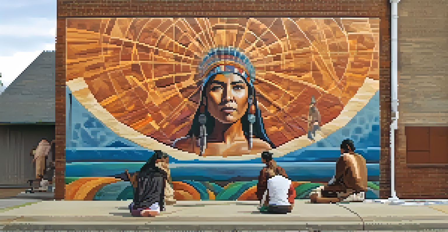 An Indigenous artist painting a traditional mural on a brick wall, surrounded by brushes and onlookers in soft natural light.