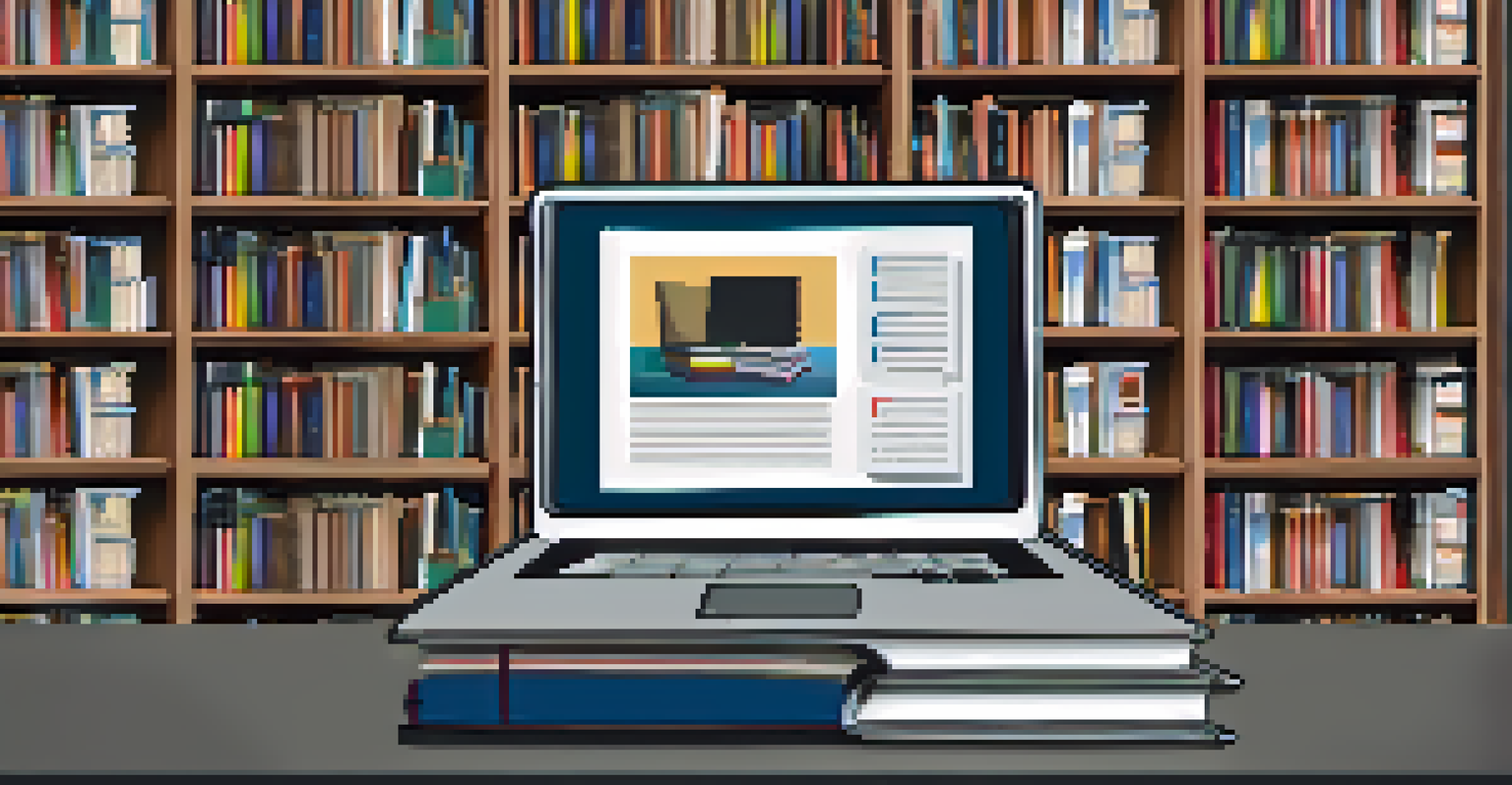 A digital library setup with a laptop showing educational resources, surrounded by shelves of physical books.