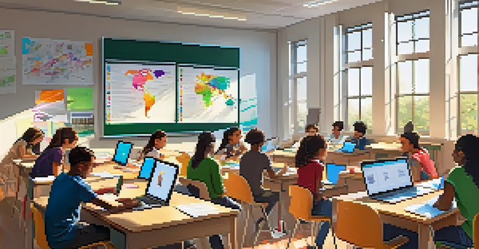 A lively classroom where diverse students collaborate on a project using technology, surrounded by educational materials.