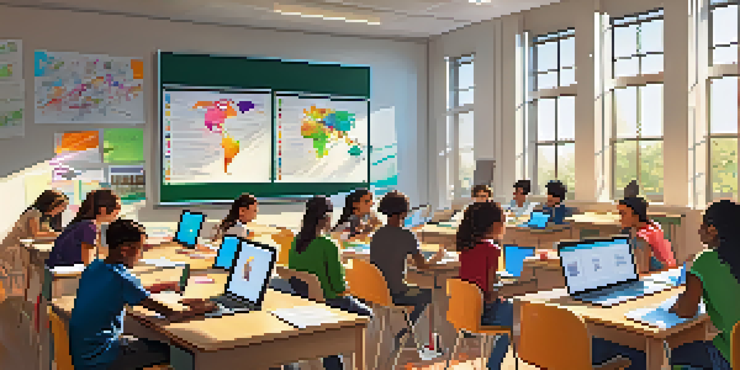 A lively classroom where diverse students collaborate on a project using technology, surrounded by educational materials.