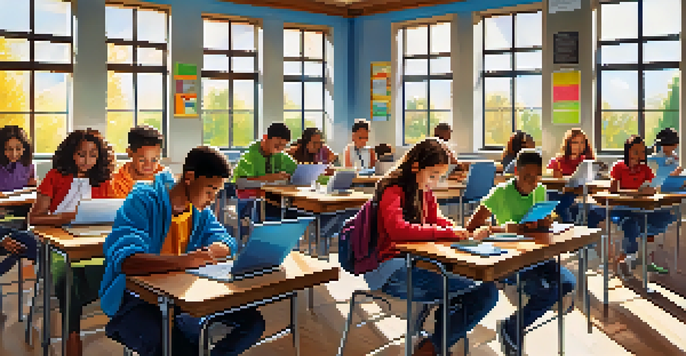 A vibrant classroom scene with students using mobile devices for learning, engaged and focused on their screens.