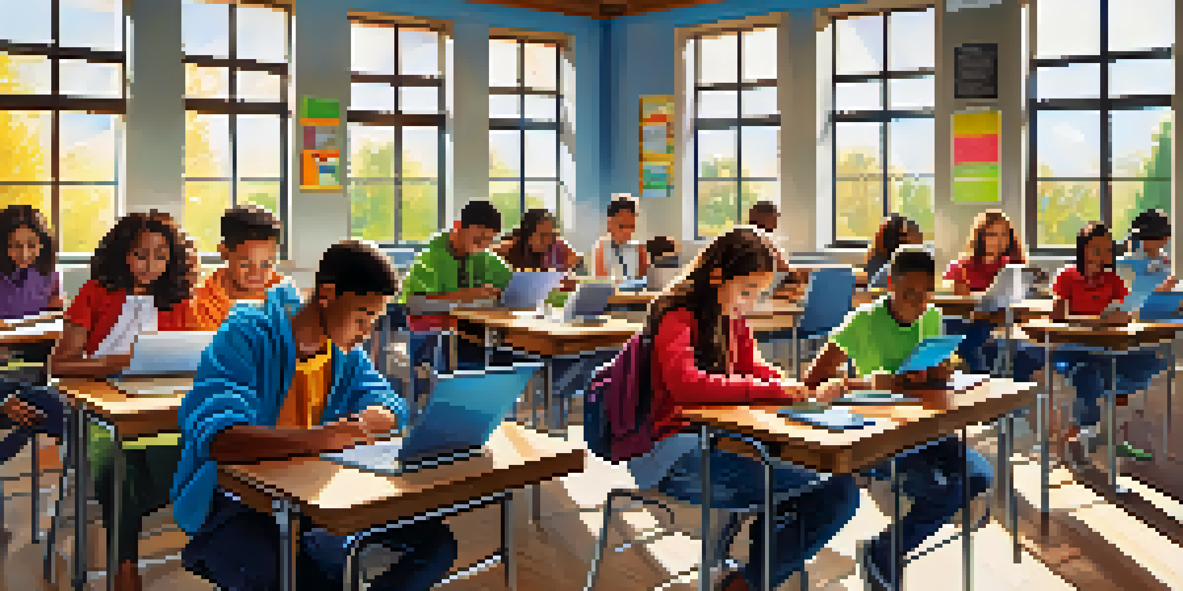 A vibrant classroom scene with students using mobile devices for learning, engaged and focused on their screens.