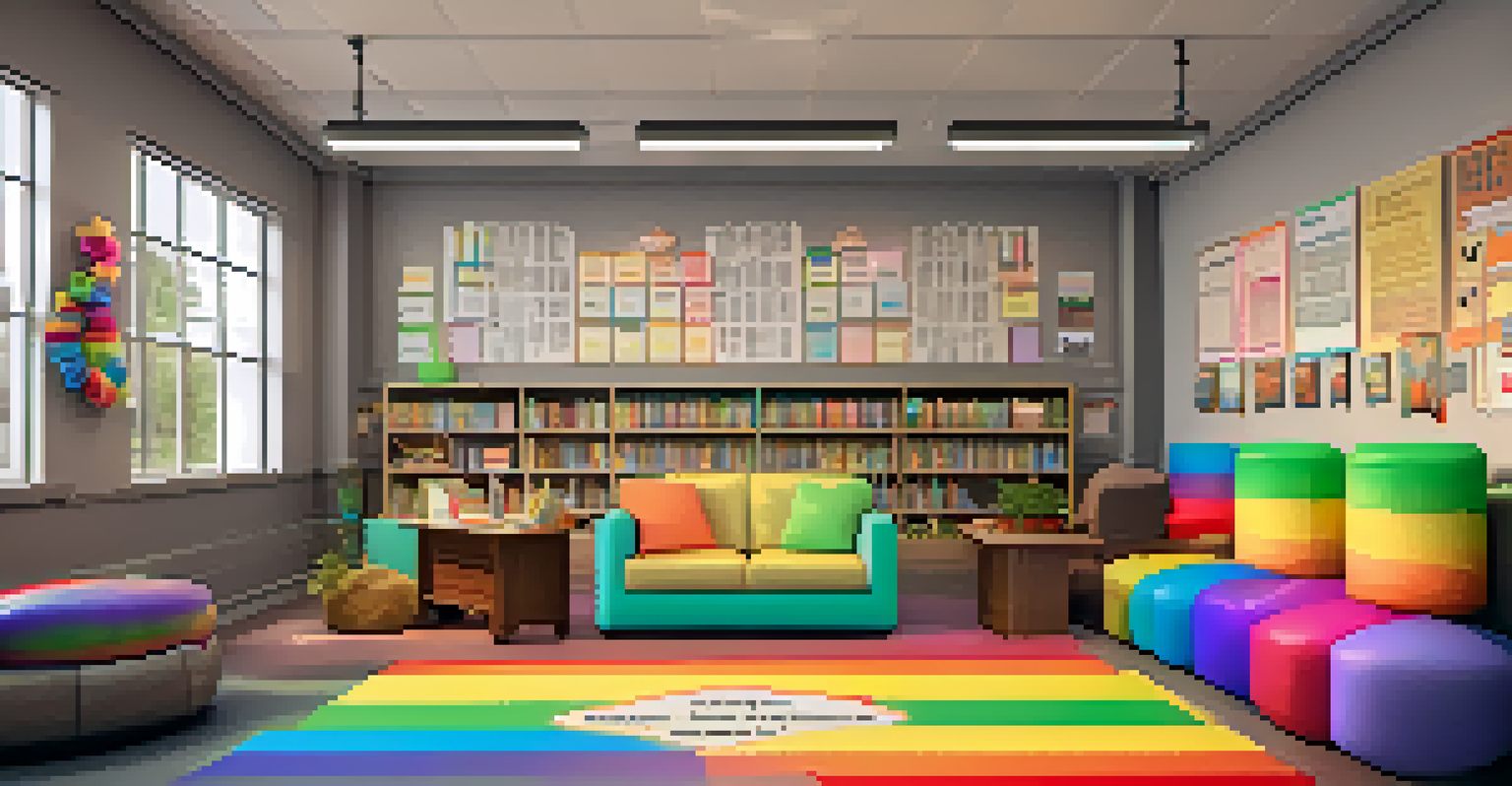 A safe space in a school designed for LGBTQ+ students, with rainbow decorations, cozy seating, and shelves filled with supportive books.