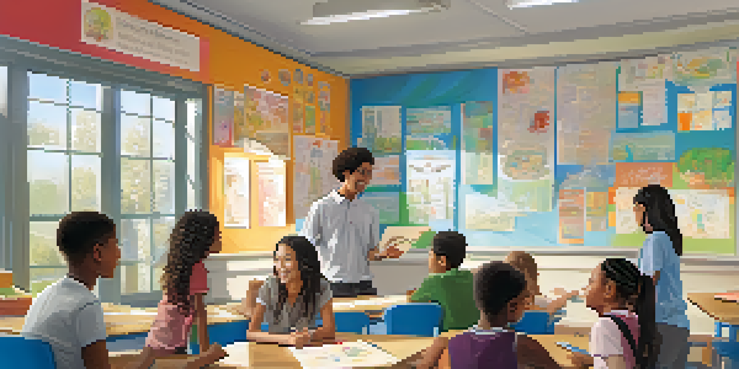 A bright and inviting classroom with diverse students engaged in discussion, a teacher guiding them, and sunlight streaming through the windows.