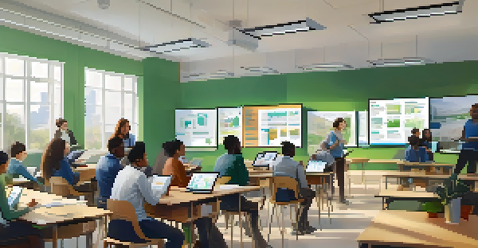 A diverse group of learners in a modern classroom, using tablets and notebooks during a training session.