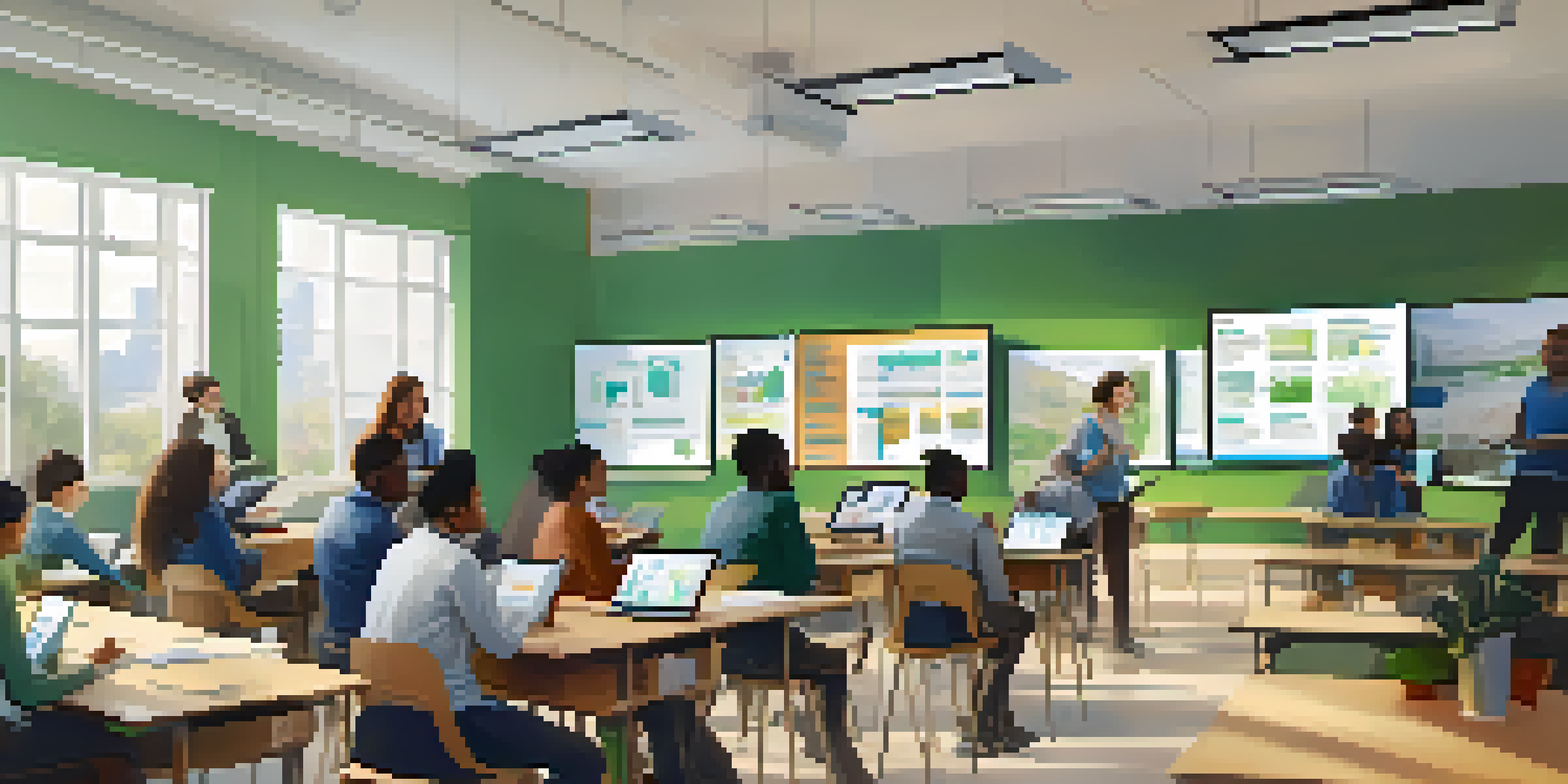 A diverse group of learners in a modern classroom, using tablets and notebooks during a training session.
