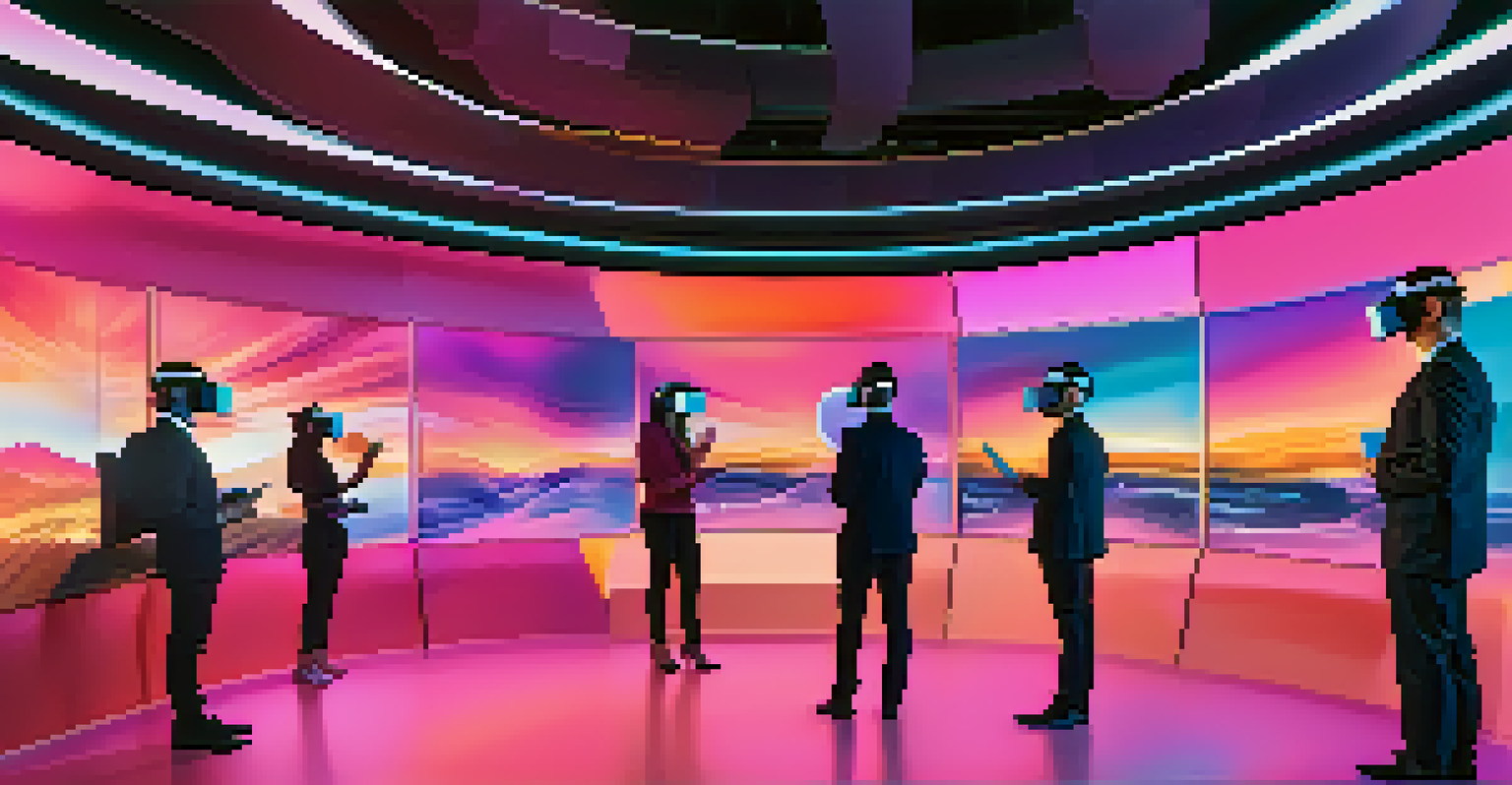 Team members wearing VR headsets engaged in an immersive virtual reality meeting in a digital landscape.