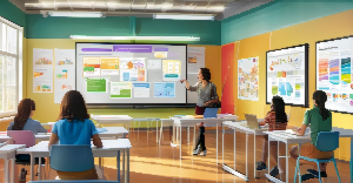A vibrant classroom filled with students using technology for personalized learning, with a teacher engaging with a digital whiteboard.