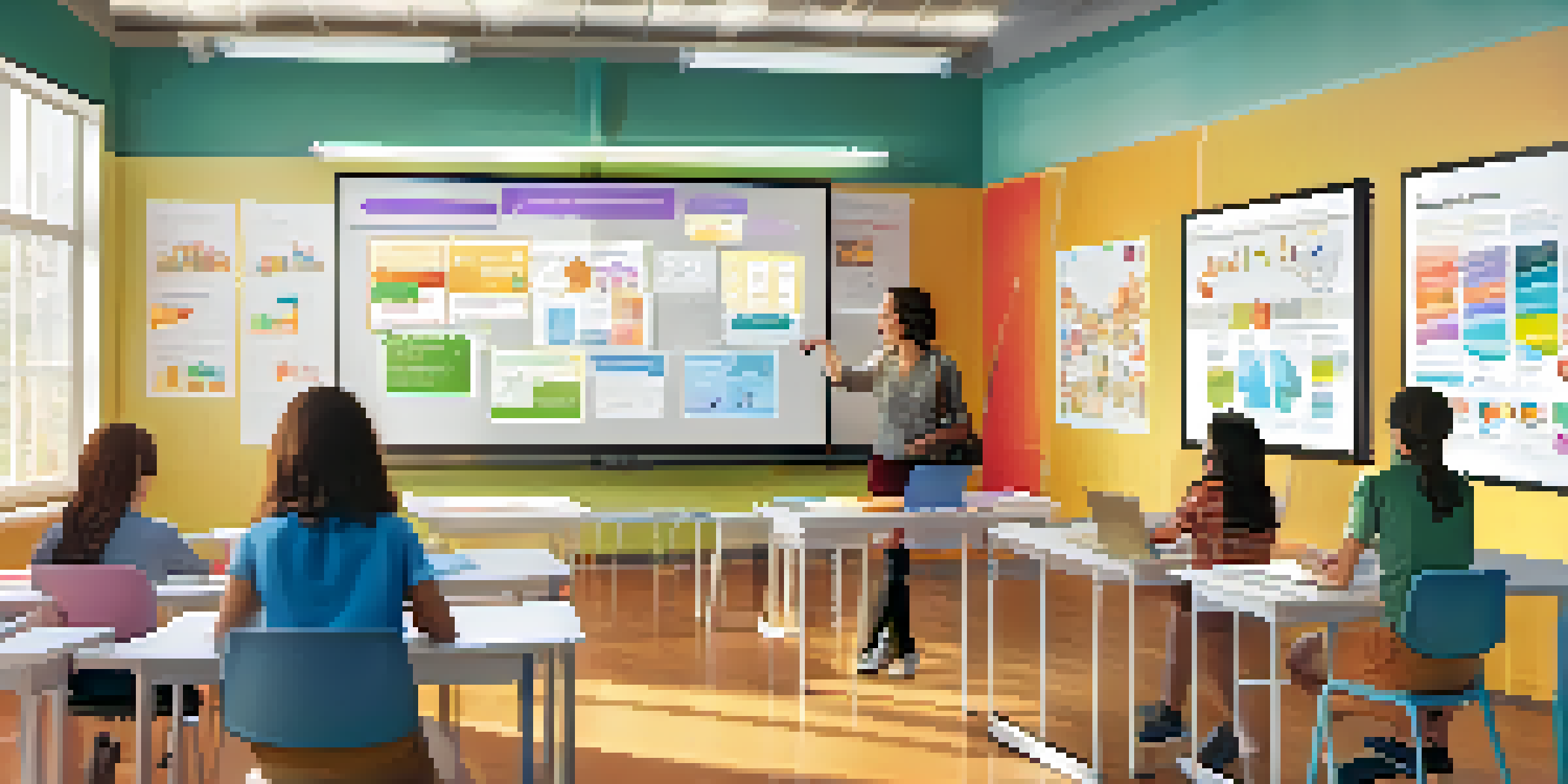 A vibrant classroom filled with students using technology for personalized learning, with a teacher engaging with a digital whiteboard.