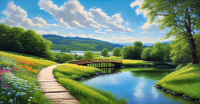 A tranquil landscape with a green hill, a river, and a wooden bridge, adorned with colorful wildflowers under a blue sky.