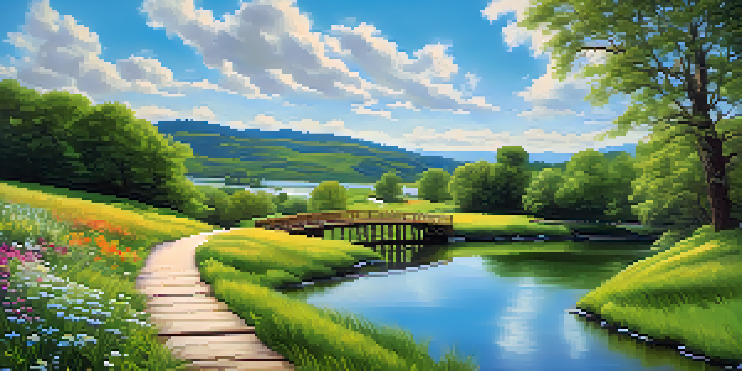 A tranquil landscape with a green hill, a river, and a wooden bridge, adorned with colorful wildflowers under a blue sky.