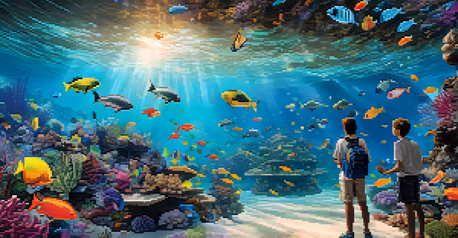 Students experiencing a virtual reality field trip at the Great Barrier Reef, interacting with vibrant aquatic life and colorful coral reefs.