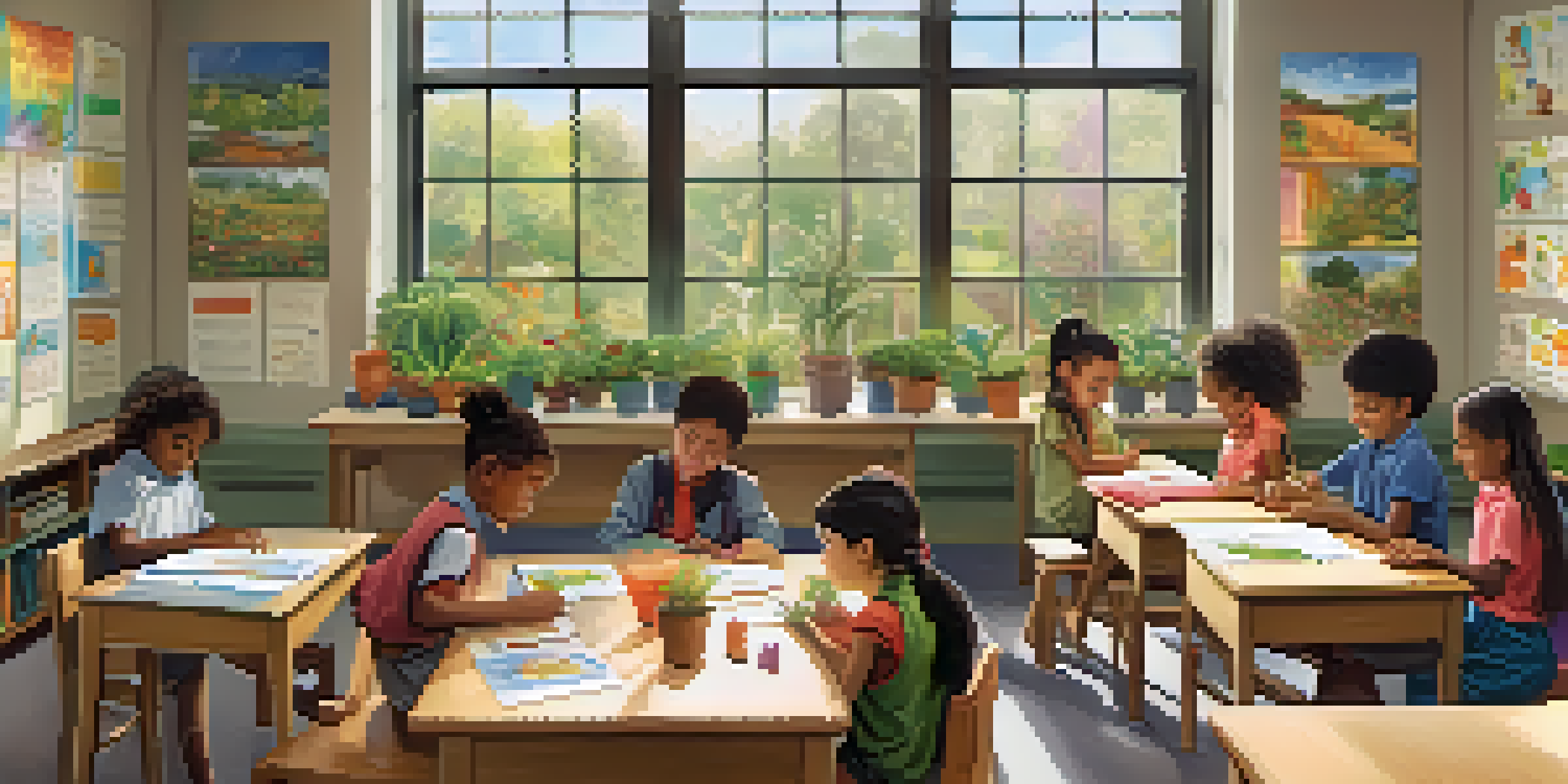 A diverse group of children in a bright classroom, engaged in a collaborative learning activity with a teacher demonstrating an experiment.