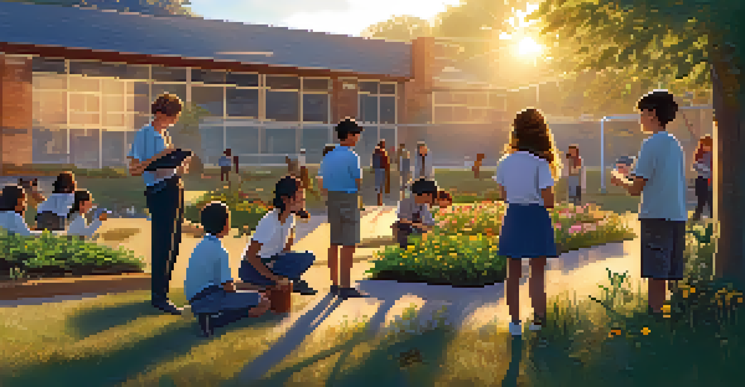 Students outdoors observing a garden and discussing environmental science under a warm sunset, displaying curiosity and engagement.