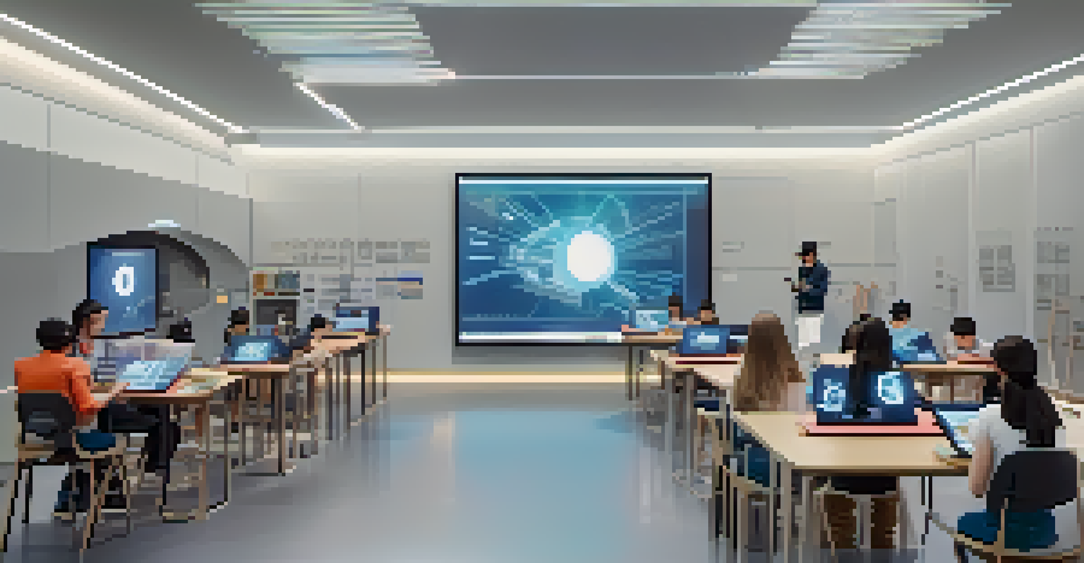 Students using augmented reality for gamified coding challenges in a modern learning space.