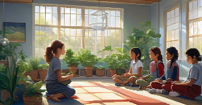 A peaceful classroom with students practicing mindfulness, sitting cross-legged on the floor with closed eyes, surrounded by plants and natural light.