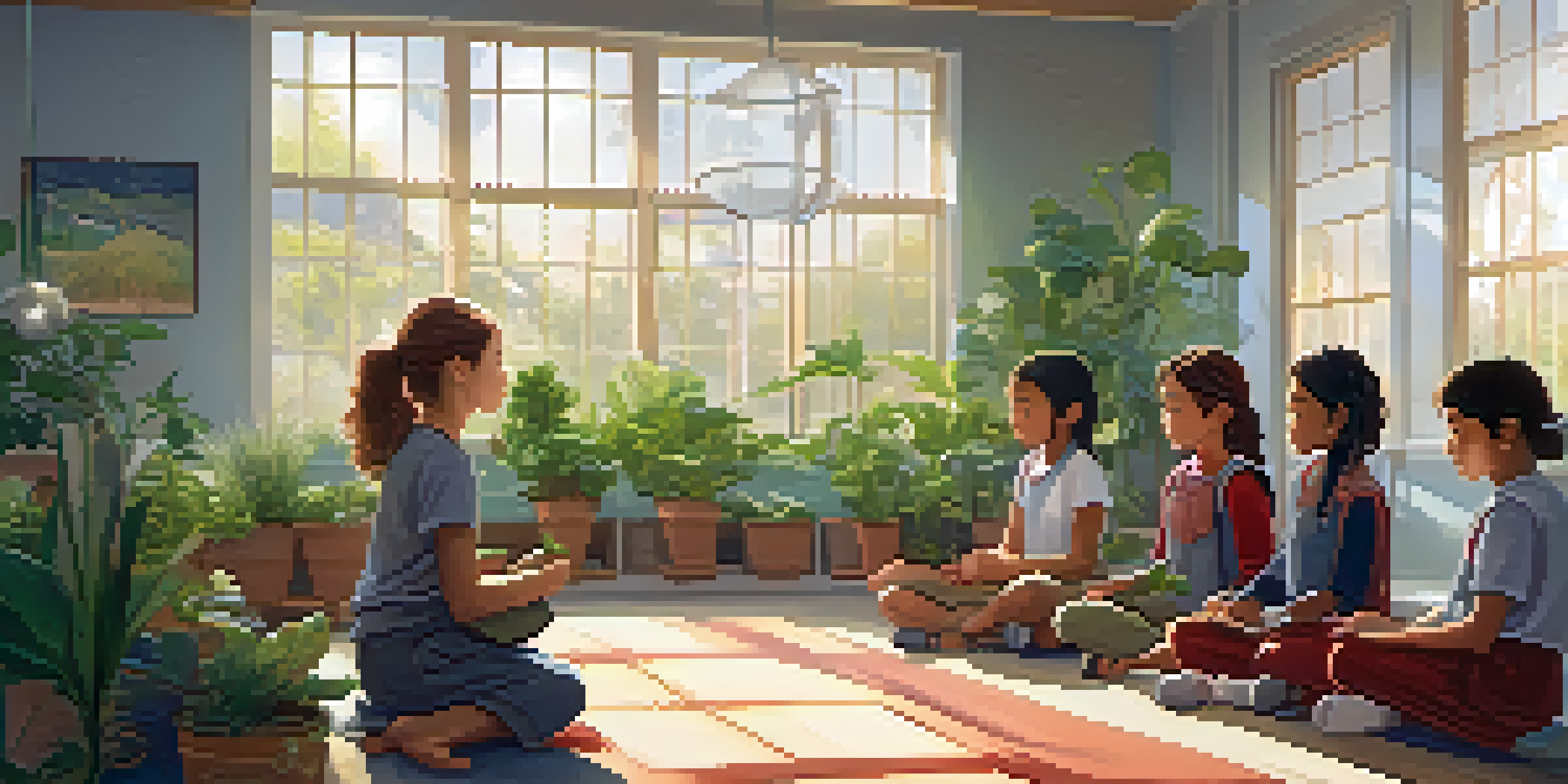 A peaceful classroom with students practicing mindfulness, sitting cross-legged on the floor with closed eyes, surrounded by plants and natural light.