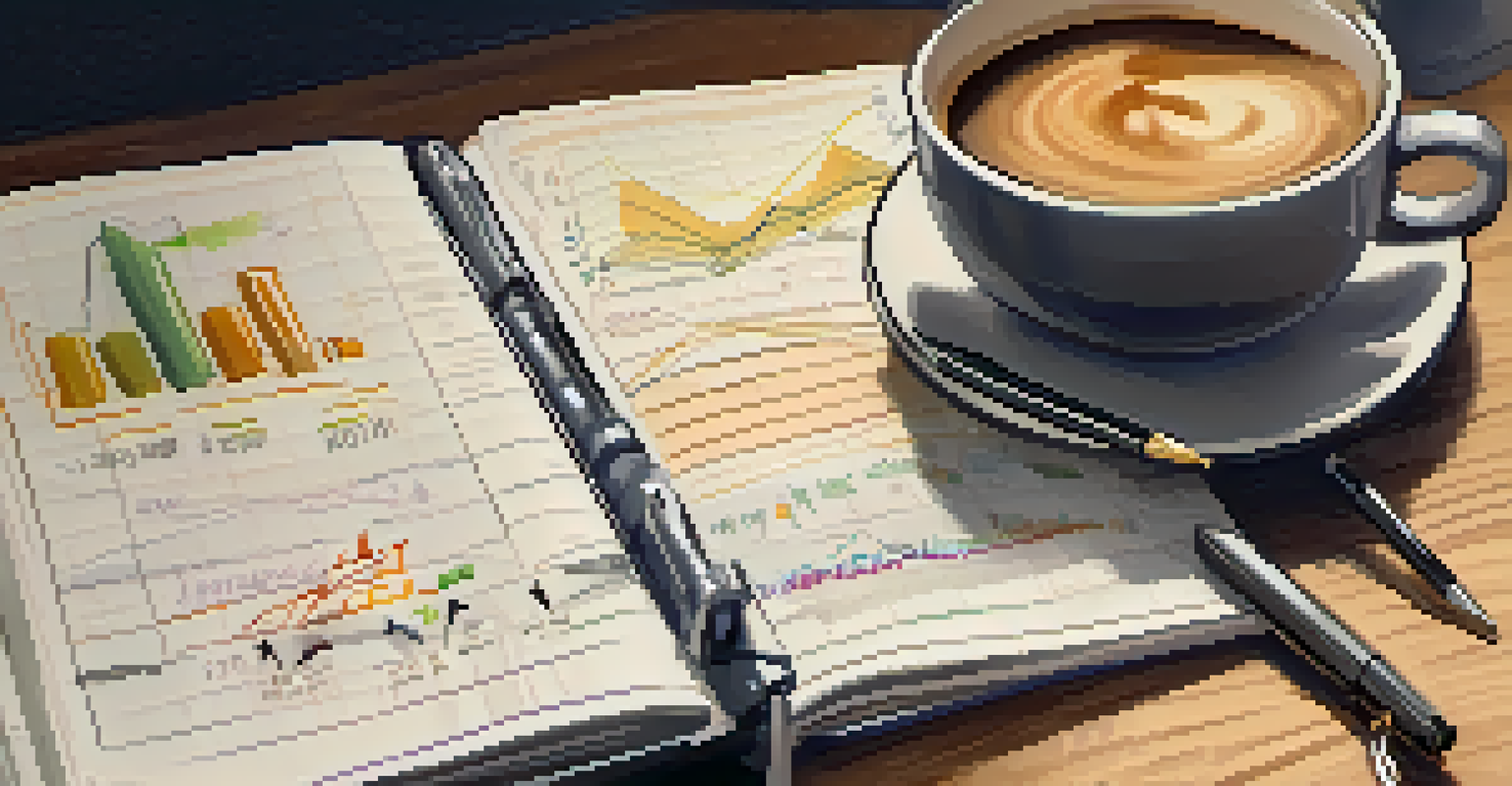 A close-up of a notebook with handwritten data visualizations and a pen, next to a steaming coffee cup in a cozy coffee shop.