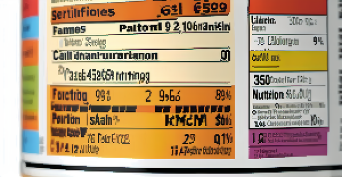 A detailed close-up of a food label displaying nutritional information and ingredients, with a colorful package in the background.