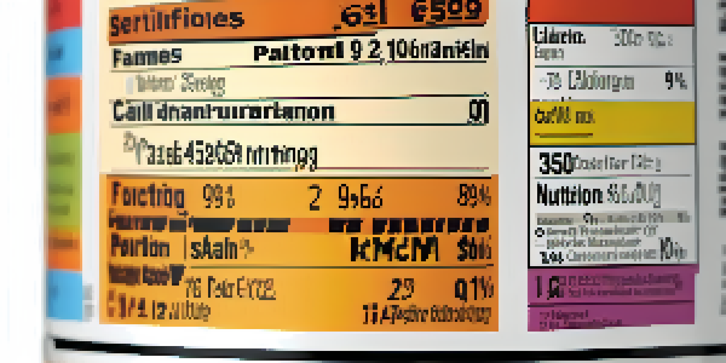 A detailed close-up of a food label displaying nutritional information and ingredients, with a colorful package in the background.