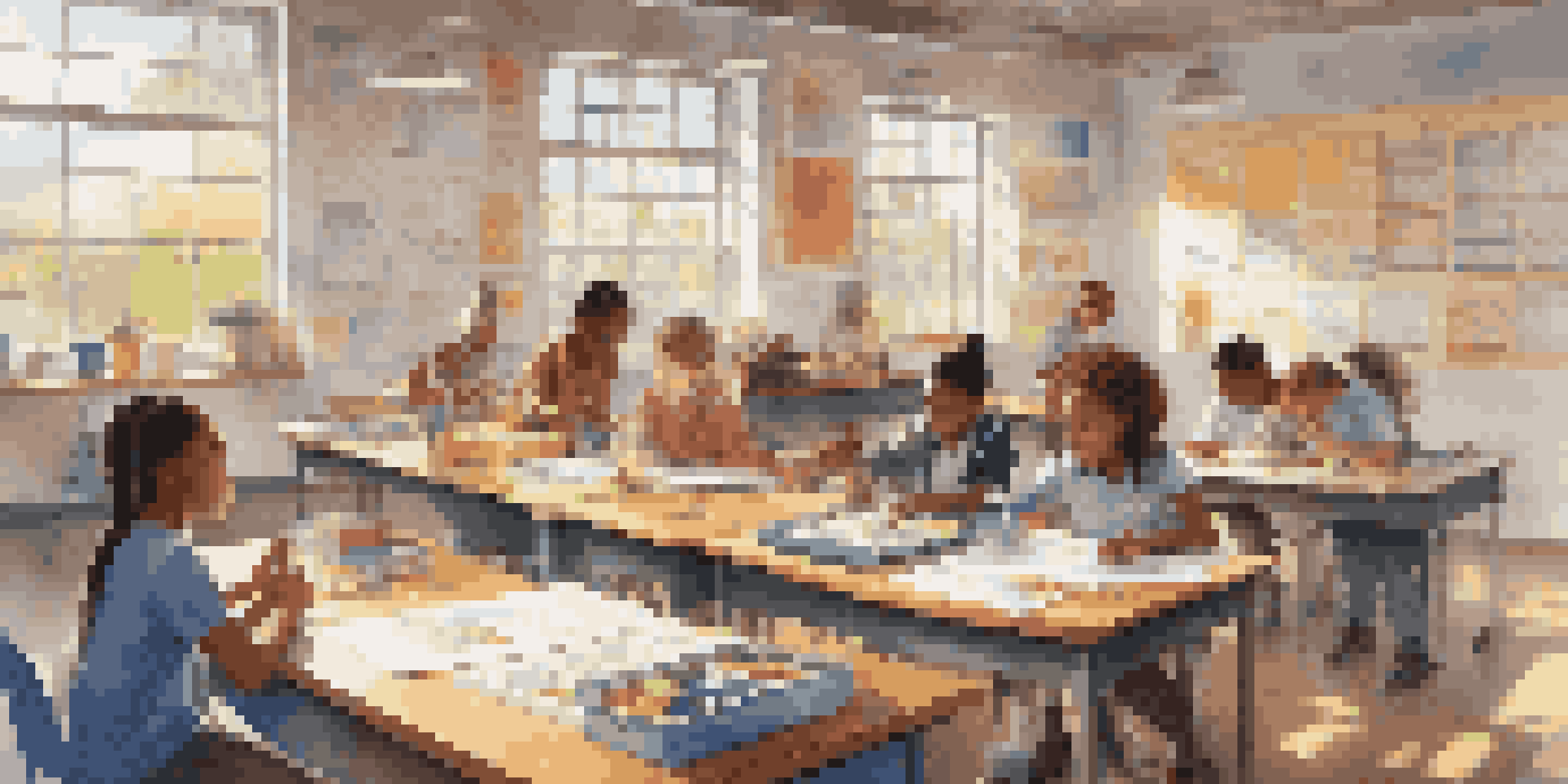 A diverse group of students collaborating on a science project in a bright classroom filled with educational posters and sunlight.