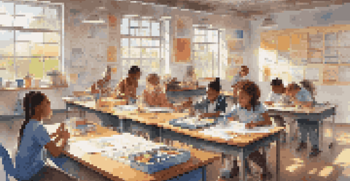 A diverse group of students collaborating on a science project in a bright classroom filled with educational posters and sunlight.