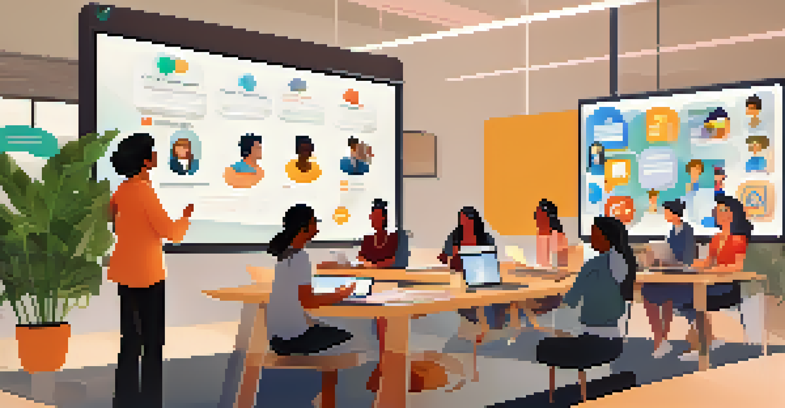 A virtual classroom with learners engaged in a video conference, surrounded by icons of communication tools.