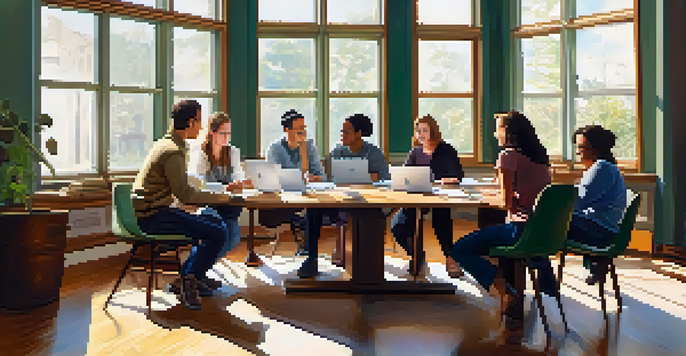A diverse group of adult learners actively discussing in a well-lit room, with laptops and notepads on the table.
