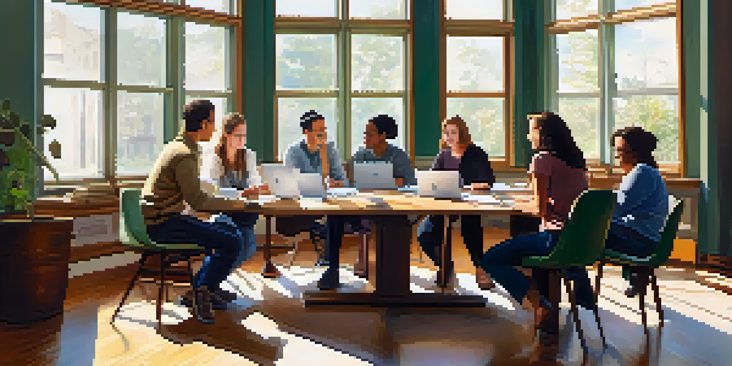 A diverse group of adult learners actively discussing in a well-lit room, with laptops and notepads on the table.