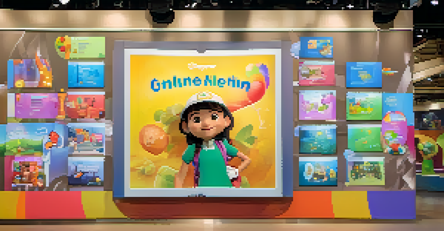 A friendly animated character guiding students in front of an interactive digital screen with educational content.