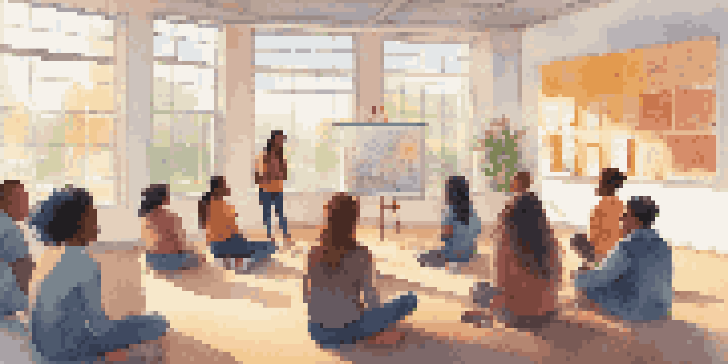 A classroom filled with students participating in a peer education workshop, with colorful posters on the walls and a student presenting at the front.