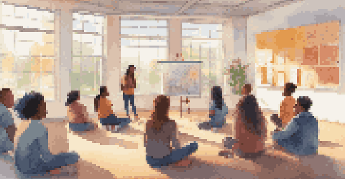 A classroom filled with students participating in a peer education workshop, with colorful posters on the walls and a student presenting at the front.